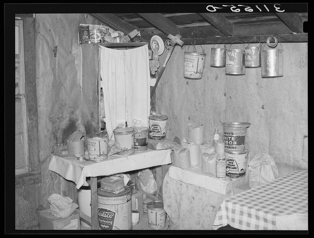 Southeast Missouri Farms. Supplies in kitchen of sharecropper's shack. La Forge project, Missouri by Russell Lee