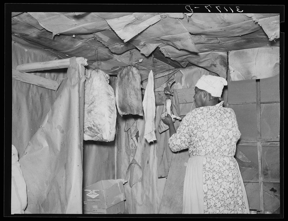 Southeast Missouri Farms. Wife of sharecropper cutting piece of fatback from slab in kitchen of shack home by Russell Lee