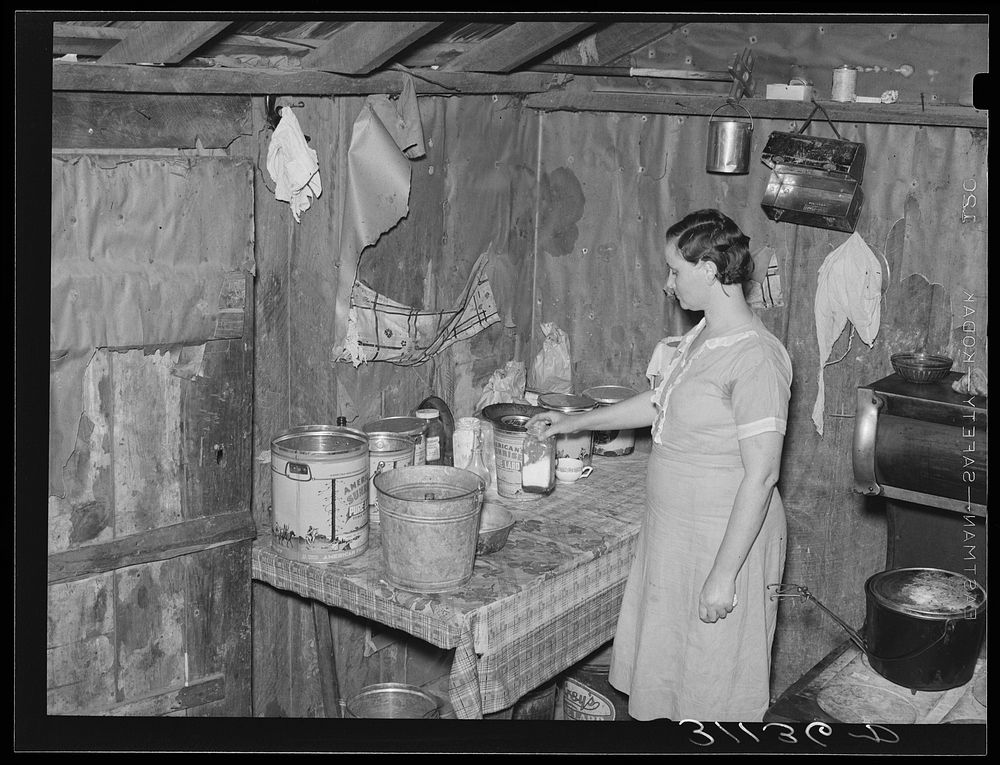 Southeast Missouri Farms. Corner of kitchen, sharecropper's shack. La Forge project, Missouri by Russell Lee