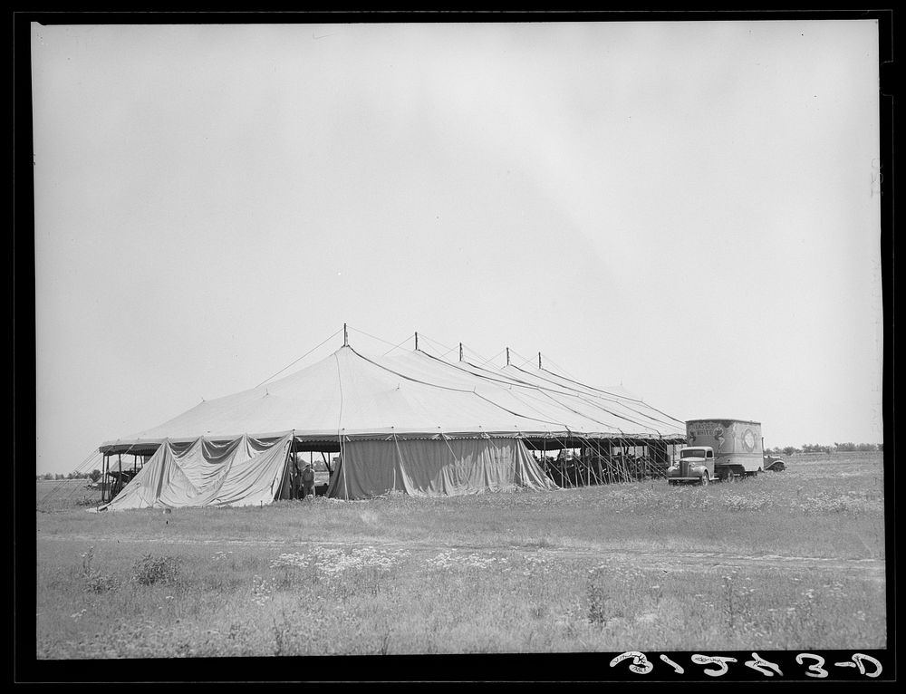 Tent of Lasses-White traveling circus. Sikeston, Missouri by Russell Lee