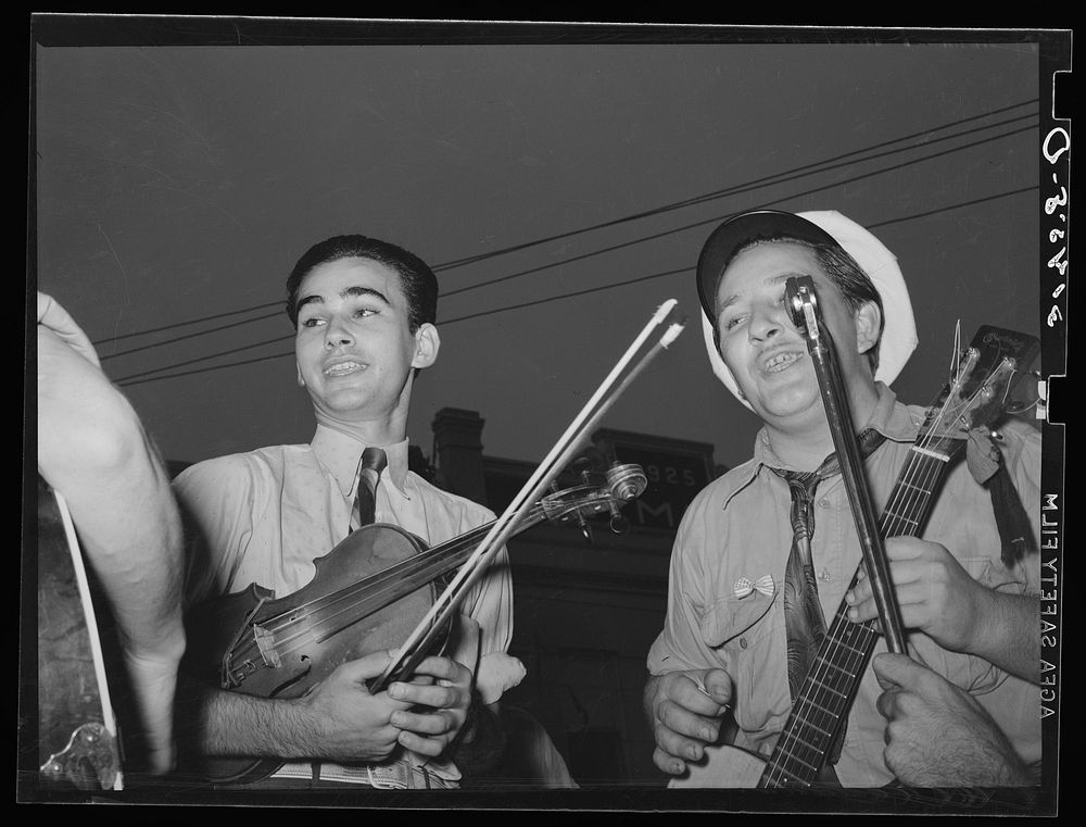 [Untitled photo, possibly related to: Musicians in cajun ban contest at National Rice Festival. Crowley, Louisiana] by…