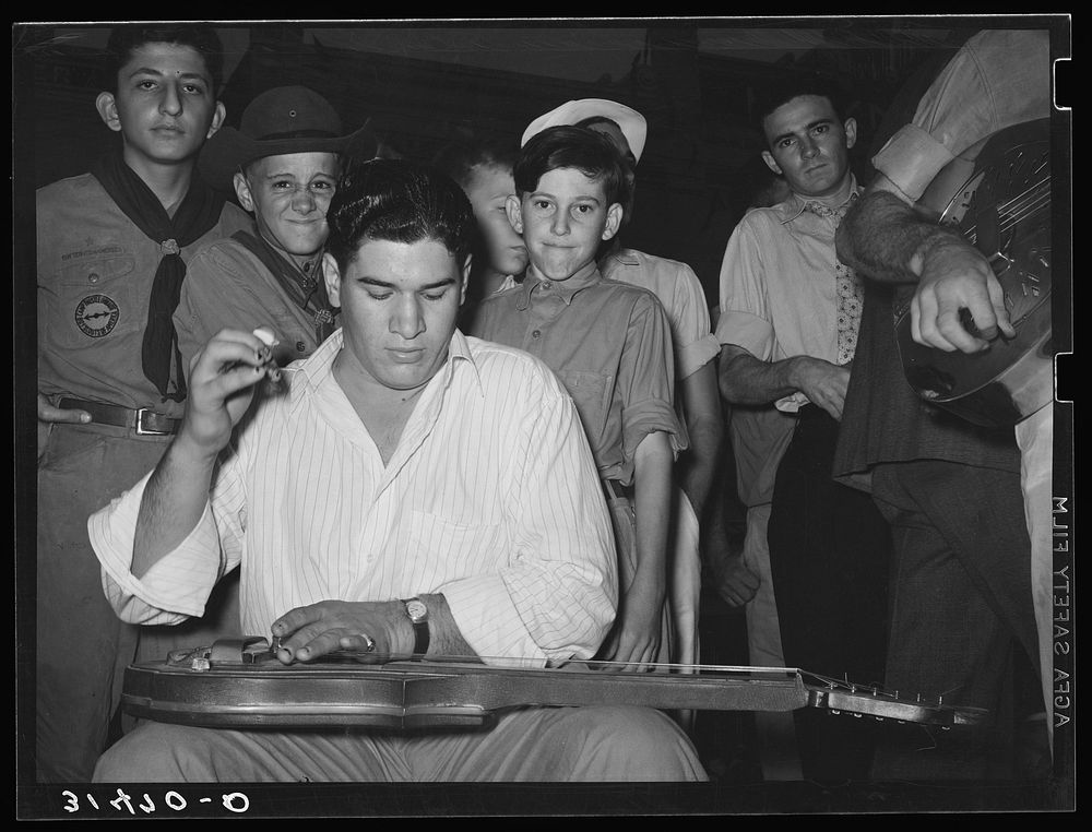 [Untitleld photo, possibly related to: Musicians in Cajun band contest, National Rice Festival, Crowley, Louisiana. Most of…