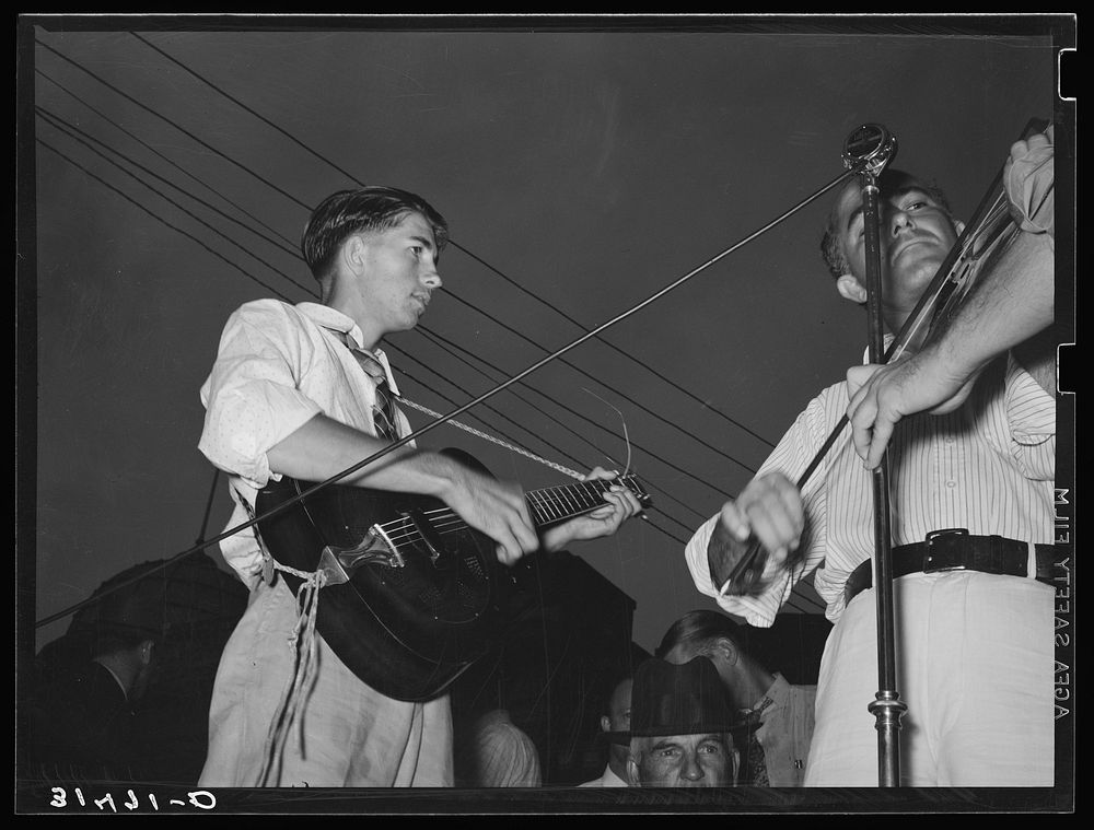 Musicians in cajun band contest. National Rice Festival, Crowley, Louisiana by Russell Lee