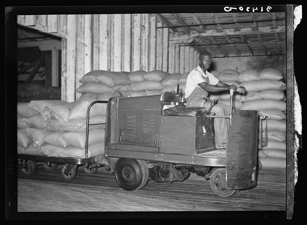 Moving truck of rice in warehouse by electric mule. Rice mill, Crowley, Louisiana by Russell Lee