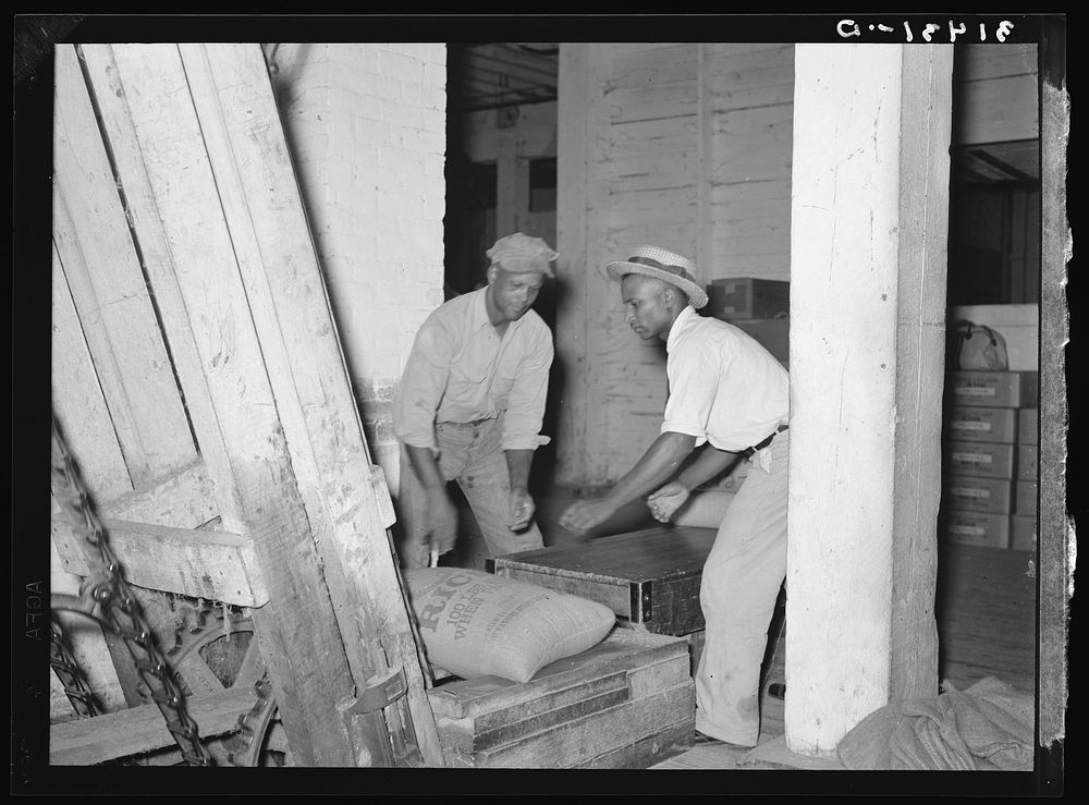 Elevating rice to second floor by means of conveyors. Rice mill, Abbeville, Louisiana by Russell Lee