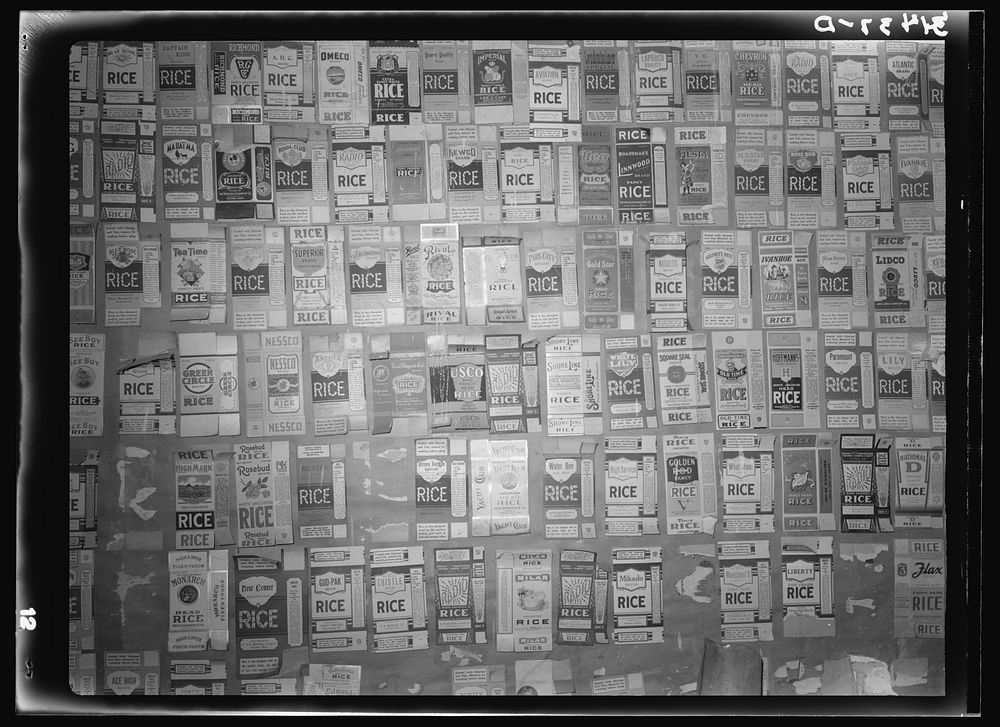 Some of the private labels under which rice is packaged. State rice mill, Abbeville, Louisiana by Russell Lee