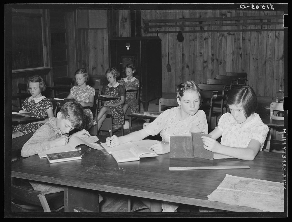 Pupils in upper primary grades studying. Lake Dick Project, Arkansas by Russell Lee