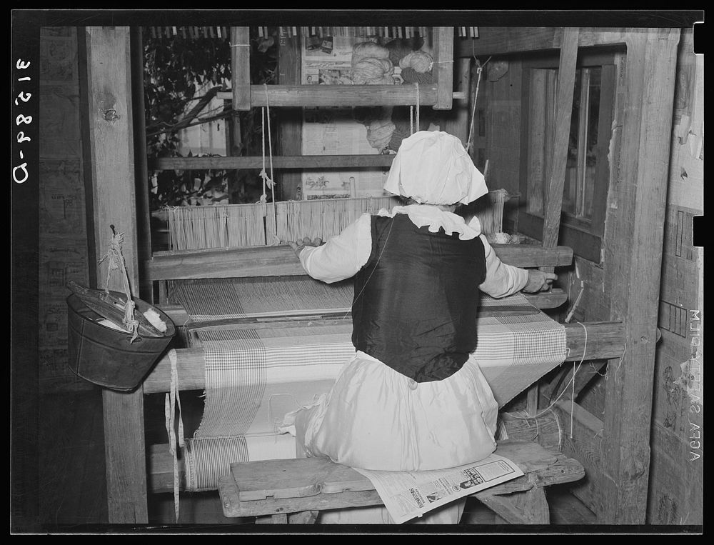 [Untitled photo, possibly related to: Madame Dronet weaving. Erath, Louisiana] by Russell Lee