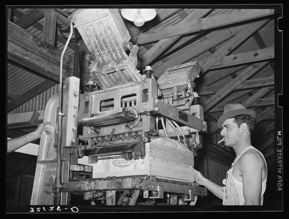 Lidding machine used in packing vegetables. Elsa, Texas by Russell Lee