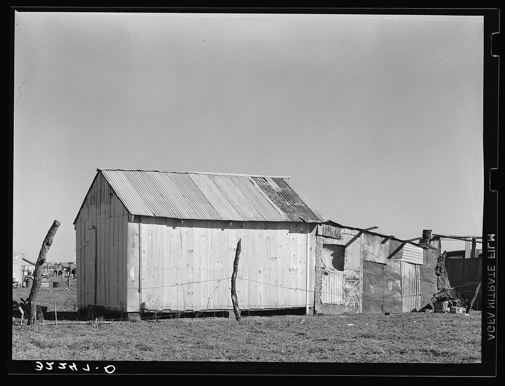Mexican house, Robstown, Texas. Notice absence of windows. House is constructed of three materials: wood, tin and mud by…