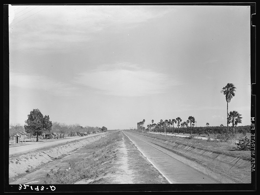 Irrigation ditch. Irrigated land on right, Mexican housing on left. San Juan, Texas by Russell Lee