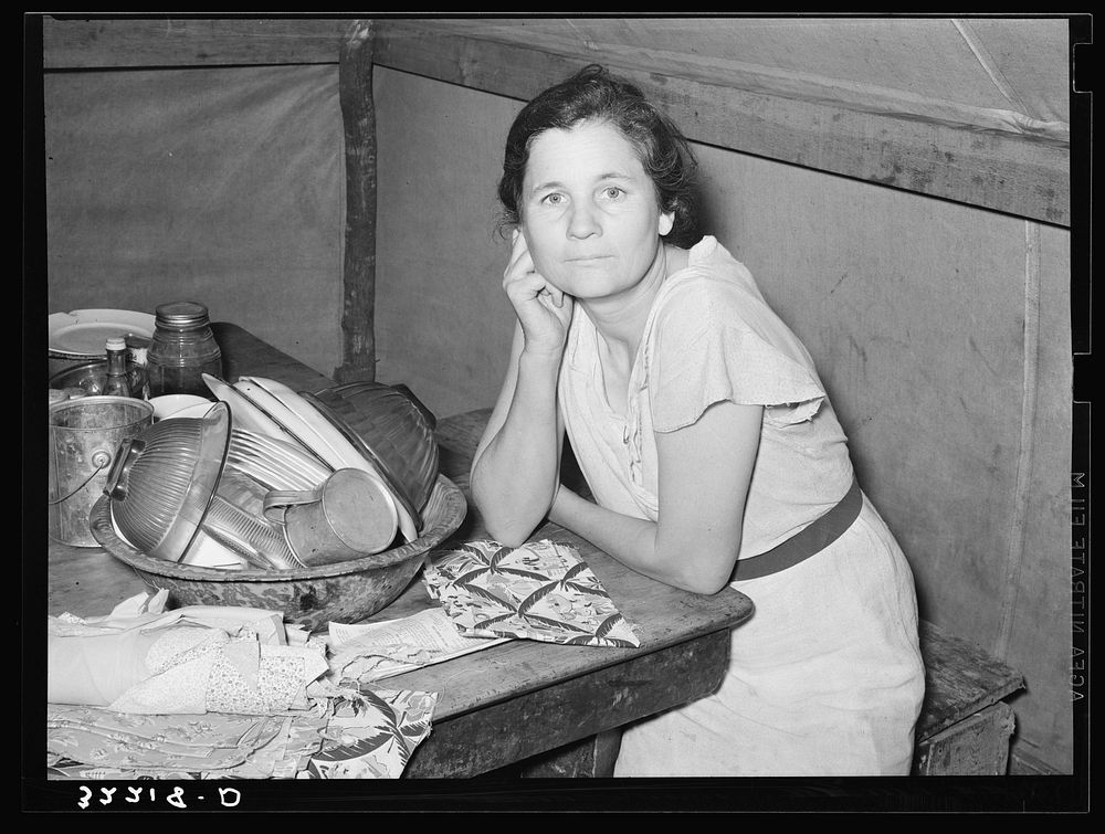 White migrant mother in tent home near Harlingen, Texas. See 32108-D by Russell Lee