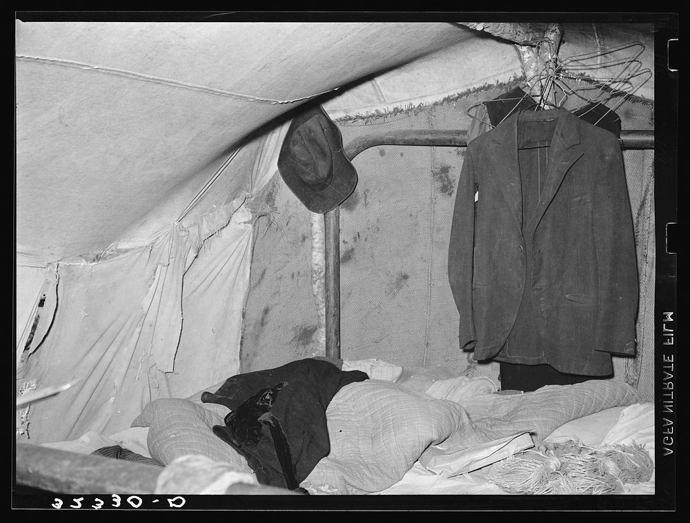 Detail of tent home of white migrants near Harlingen, Texas by Russell Lee
