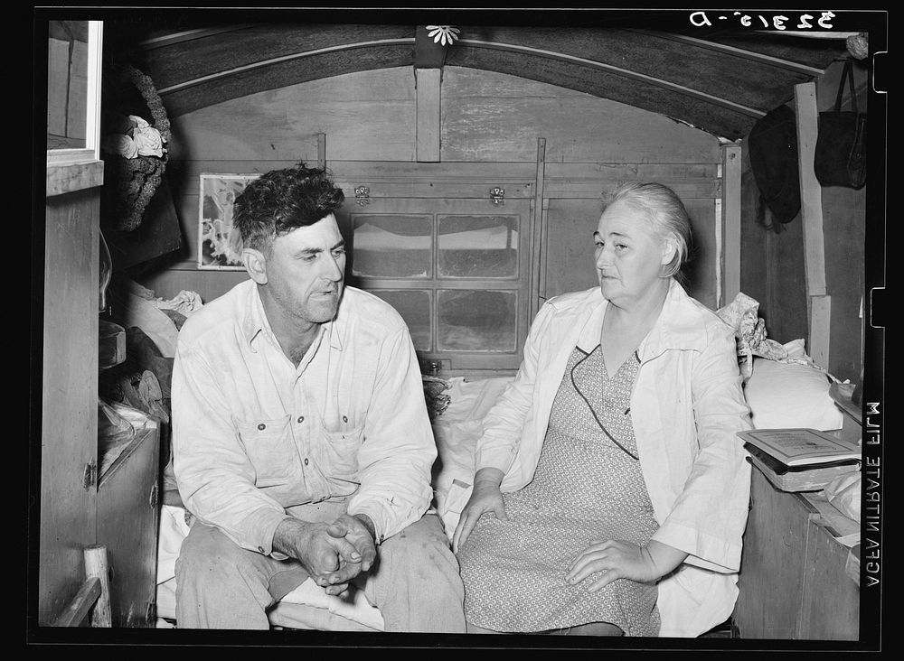 White migrant and his wife in trailer home near Sebastian, Texas. He is from west Texas and she from Virginia. These…