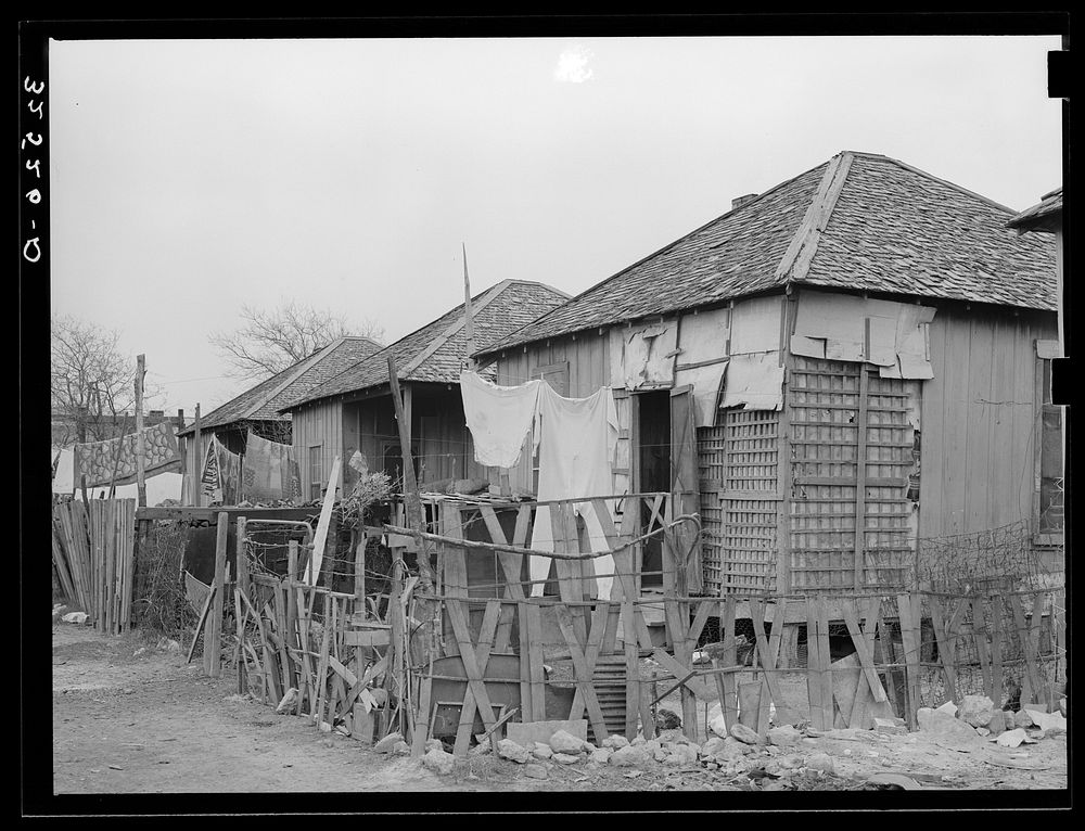 [Untitled photo, possibly related to: Row of Mexican houses. San Antonio, Texas. Notice crude fences and state of disrepair…