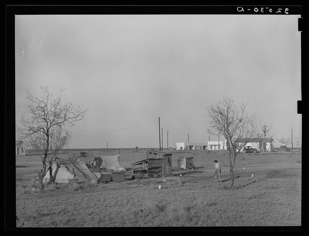 Camp of Mexican laborers working in and around El Indio, Texas. El Indio is a real estate development, rural and urban by…