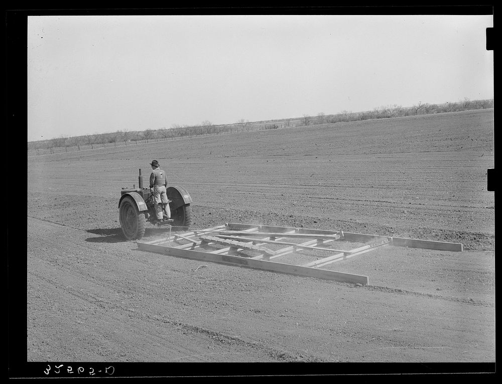 Tractor pulling wooden floater to smooth the soil. El Indio, real estate development, Texas by Russell Lee