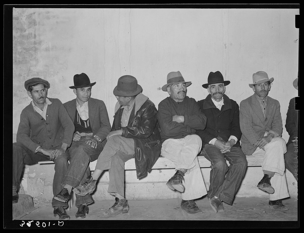 Mexican pecan workers waiting at union hall for assignment to work. San Antonio, Texas by Russell Lee