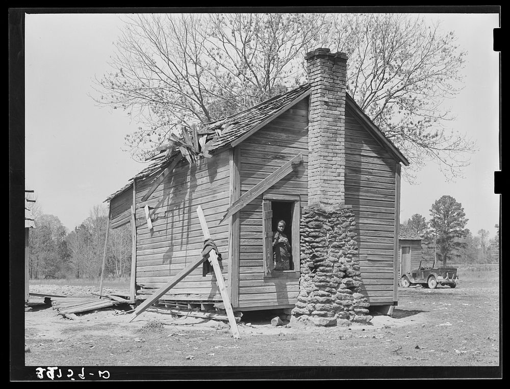 [Untitled photo, possibly related to: Cabin of es living near Jefferson, Texas. This family owned about thirty acres but…
