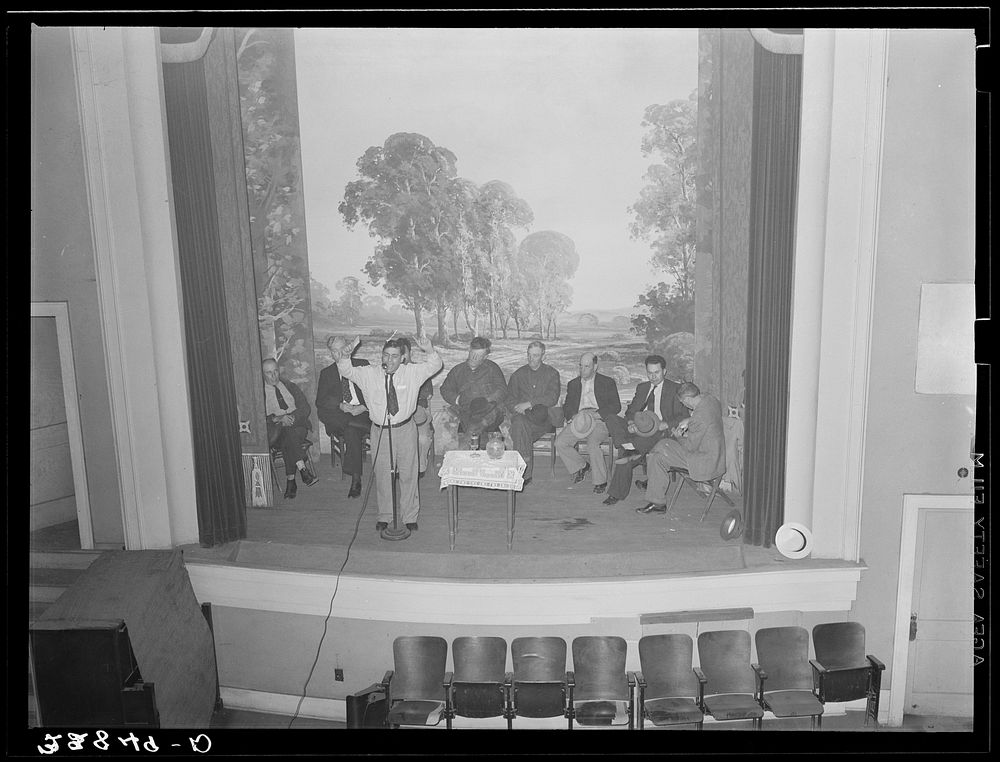 [Untitled photo, possibly related to: Speaker and farmers at meeting called to consider marketing and auctioning problems of…