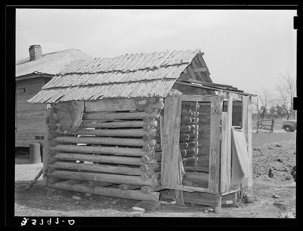 Log shed and privy near Jefferson, Texas by Russell Lee