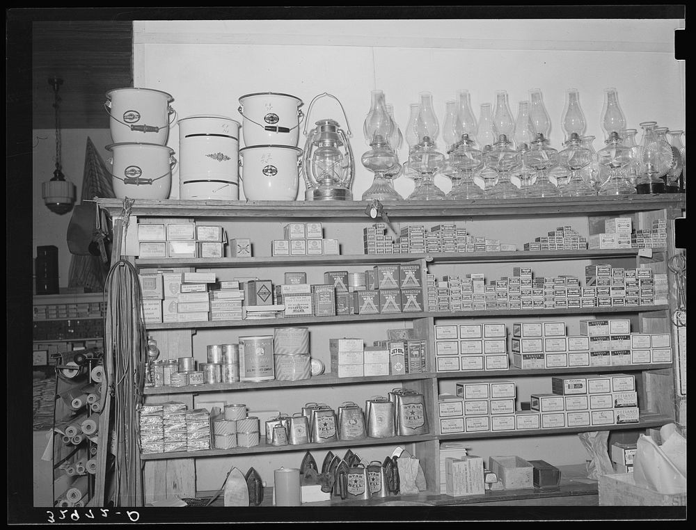 Merchandise in hardware store. San Augustine, Texas by Russell Lee