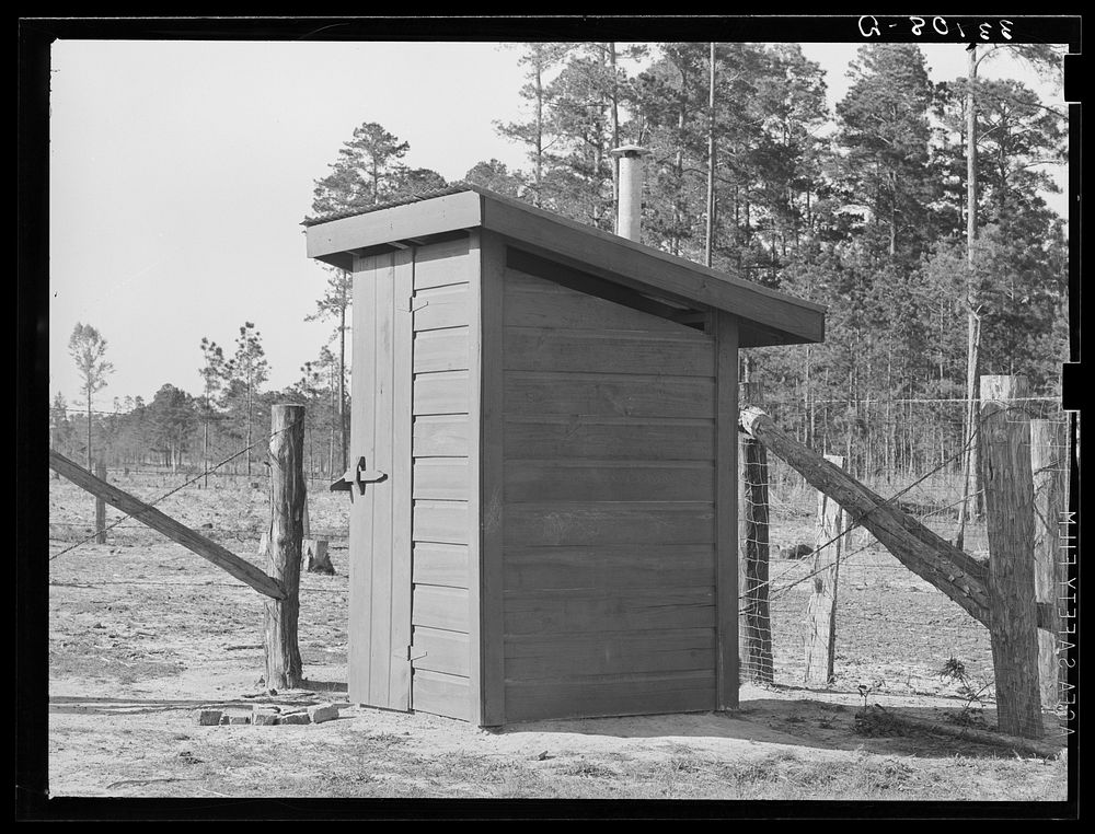 Privy on farmstead of FSA (Farm Security Administration) client. Sabine Farms, Marshall, Texas by Russell Lee