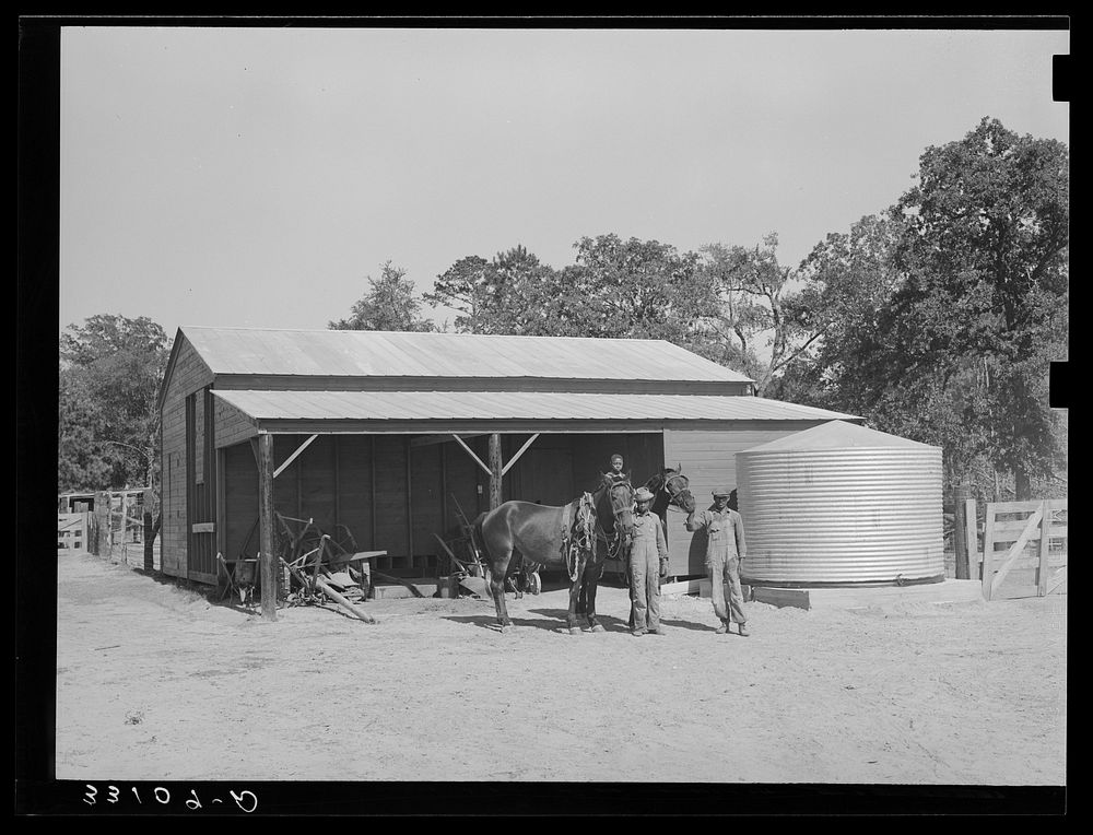 Team in front of barn unit on Sabine Farms, Marshall, Texas by Russell Lee