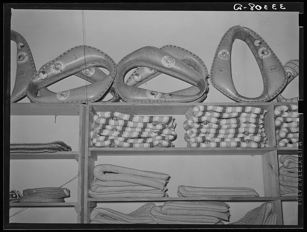 Horse collars and blankets in ranch supply store. Alpine, Texas by Russell Lee
