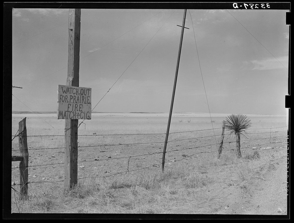 Sign cautioning care in use of matches and cigarettes on the prairie. Near Marfa, Texas by Russell Lee