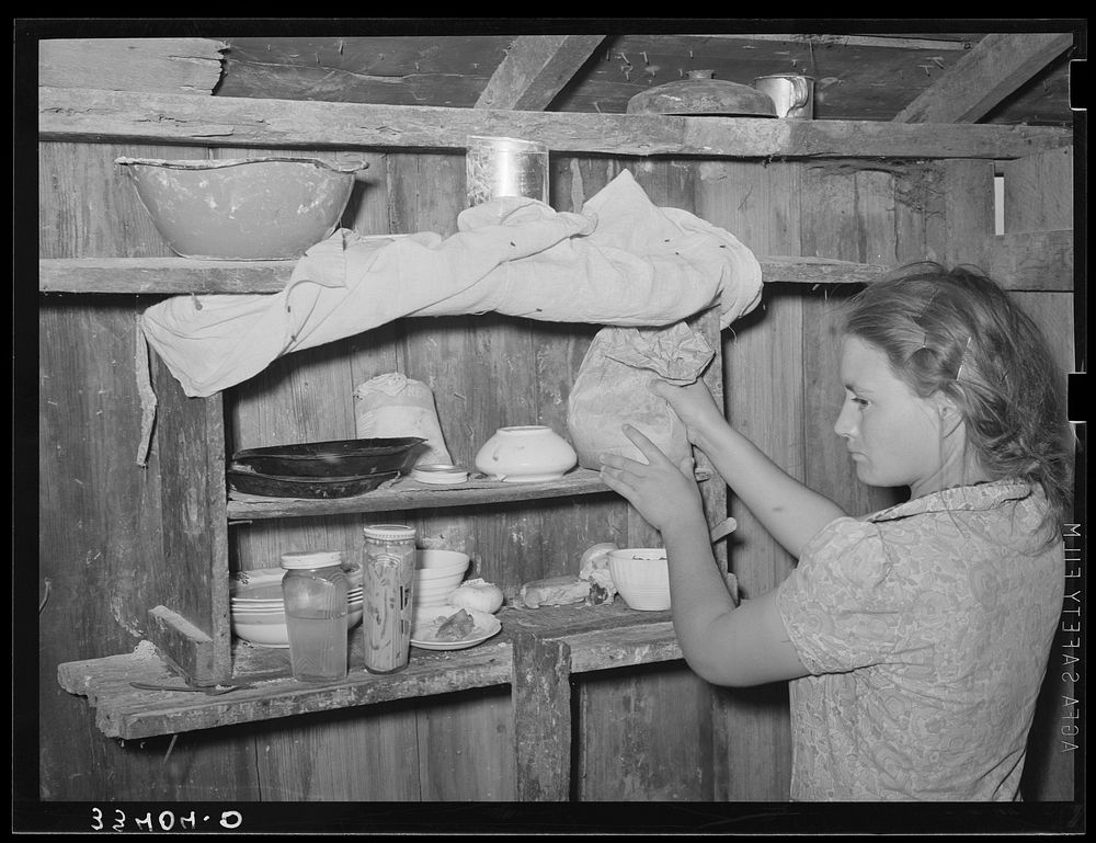 Kitchen cabinet in the house of agricultural day laborer living near Webbers Falls, Oklahoma. This was the only food in the…