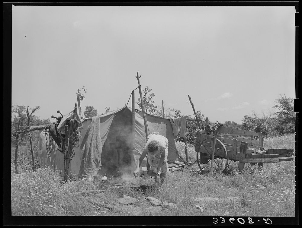 Camp of migrant agricultural day laborers near Vian, Oklahoma. Sequoyah County by Russell Lee