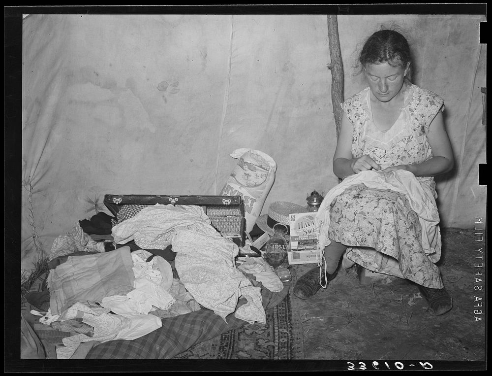 [Untitled photo, possibly related to: Interior of tent of migrant agricultural day laborers camped near Vian, Oklahoma] by…