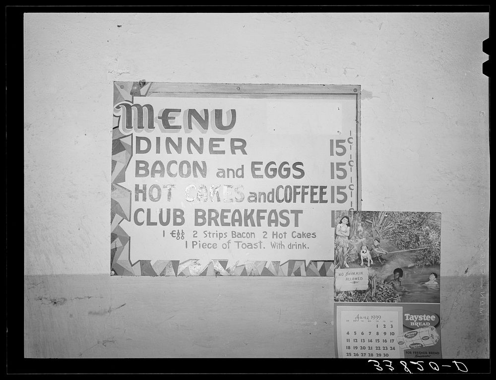 Menu of family-style restaurant. Muskogee, Oklahoma by Russell Lee