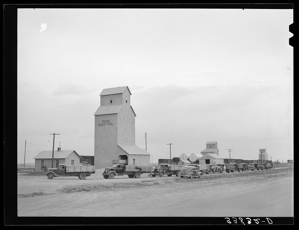 Line of trucks at wheat elevator in small town west of Amarillo, Texas by Russell Lee