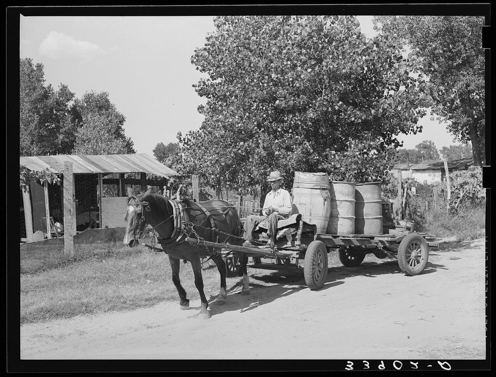 Water peddler in community camp. Oklahoma City, Oklahoma. He is paid fifteen cents a barrel for delivering water to the…