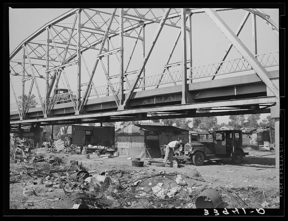 Part of Mays Avenue camp under the bridge. Oklahoma City, Oklahoma by Russell Lee