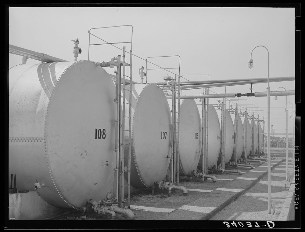 Storage tanks. Oil refinery, Seminole, Oklahoma by Russell Lee