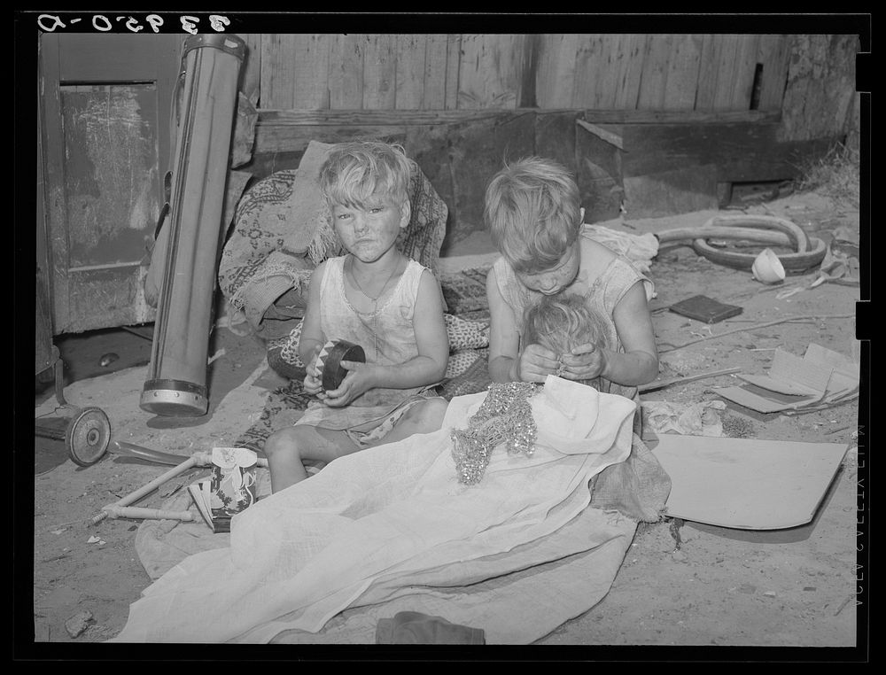 [Untitled photo, possibly related to: Children of Mays Avenue camp. Oklahoma City, Oklahoma. Their father is a trasher and…