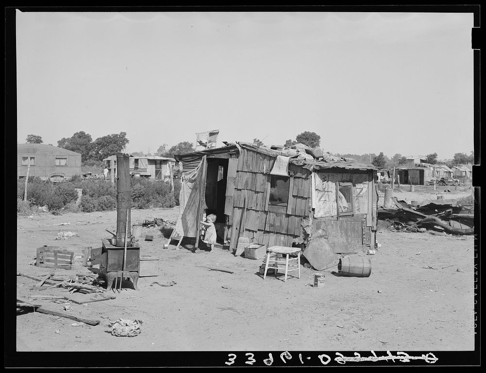 Shack home, Mays Avenue camp. Oklahoma City, Oklahoma. See general caption no. 21 by Russell Lee