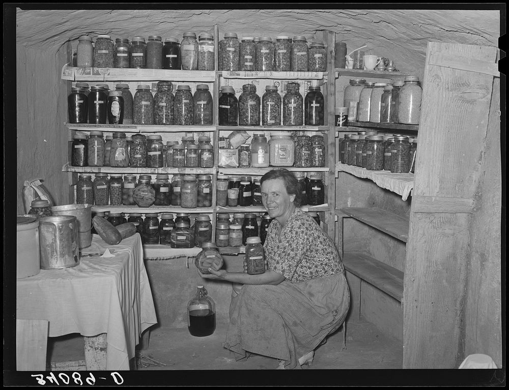 Mrs. Schoenfeldt, FSA (Farm Security Administration) client, in Sheridan County, Kansas, in fruit cellar by Russell Lee
