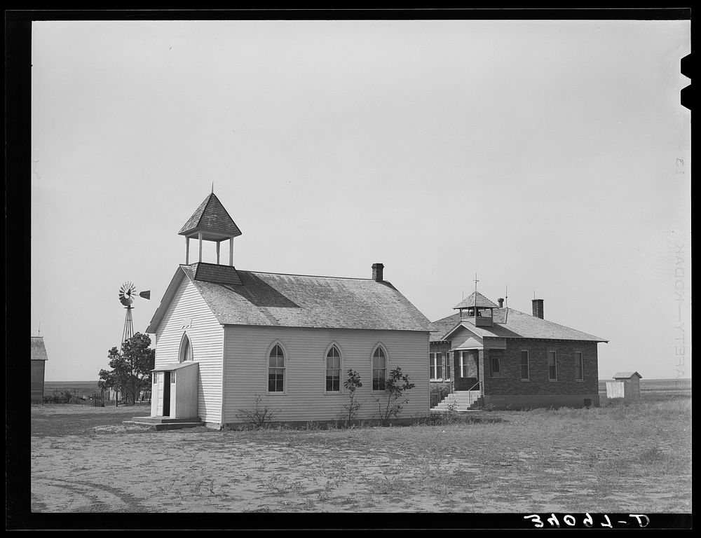 County school and church. Sheridan County, Kansas by Russell Lee
