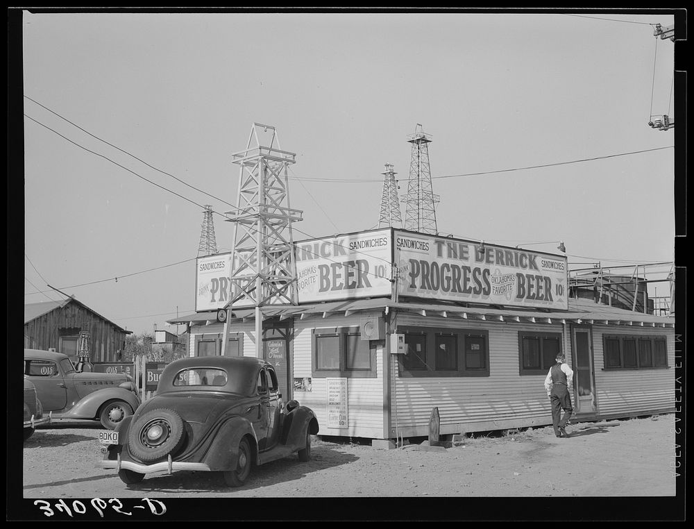 [Untitled photo, possibly related to: Roadside stand "The Derrick." Oklahoma City oil field, Oklahoma] by Russell Lee