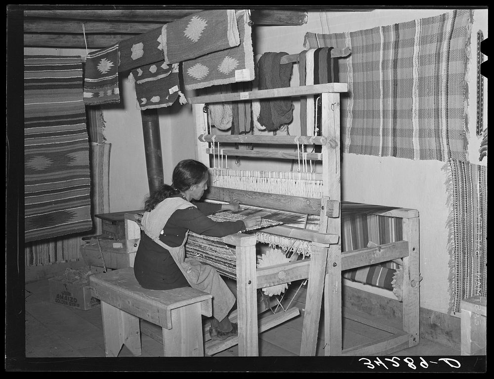 Spanish-American woman weaving rag rug at WPA (Works Progress Administration/Work Projects Administration) project.…