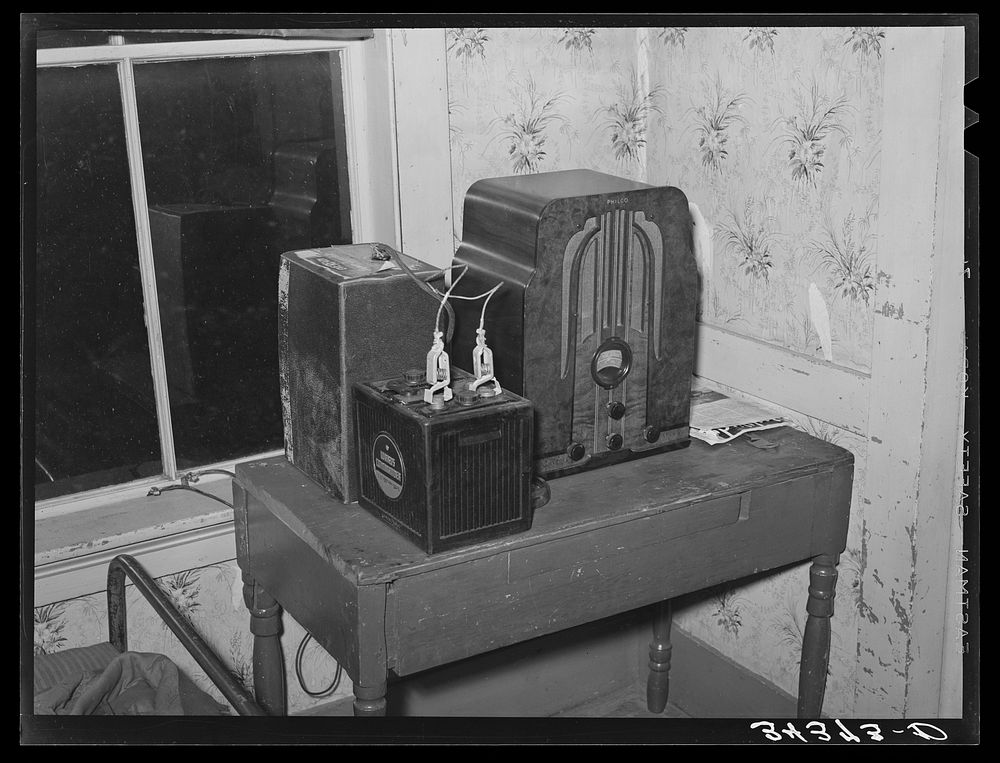 Battery-operated radio in farm home of FSA (Farm Security Administration) client in Orange County near Bradford, Vermont by…