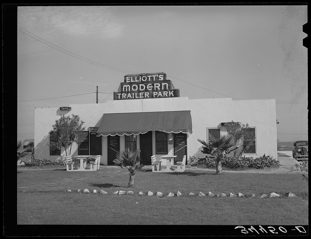Main building at trailer park containing cafe and grocery. North Beach section, Corpus Christi, Texas by Russell Lee