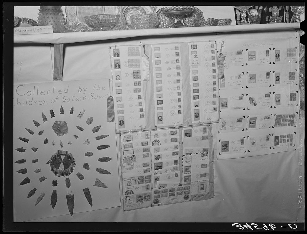 Stamp and Indian arrowhead collections of schoolchildren exhibited at the Gonzales County Fair, Texas by Russell Lee
