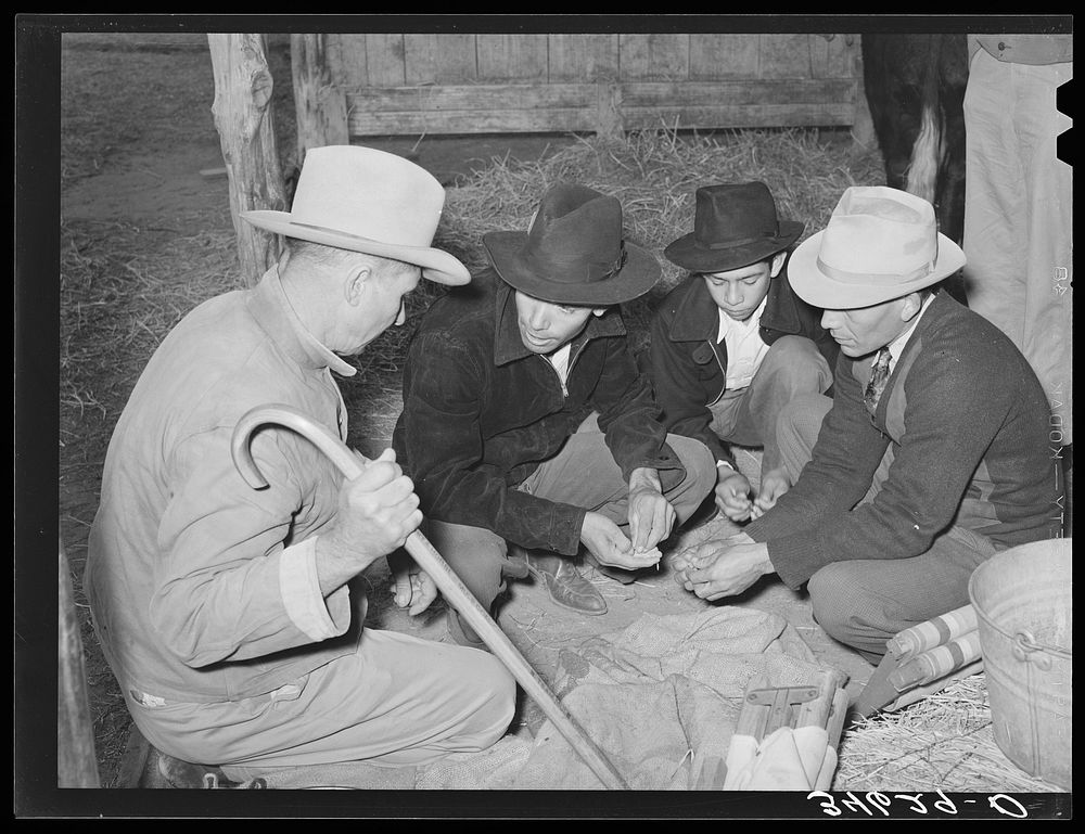 Men and boys examining seed at Gonzales County Fair. Gonzales, Texas by Russell Lee