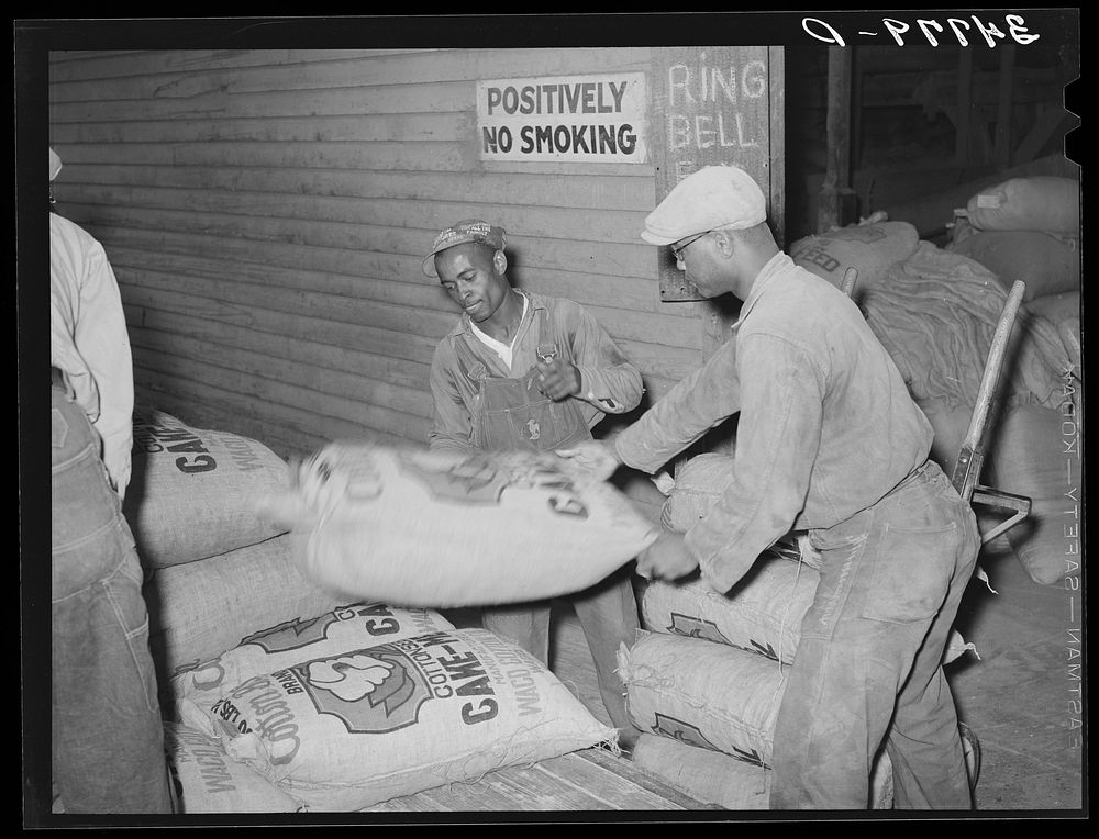 Handling sacks of cotton seed cake meal at cotton seed oil mill. McLennan County, Texas by Russell Lee