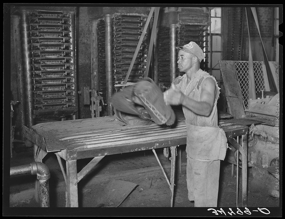Workman removing cotton seed cake from mat after oil has been removed. The cake is removed by means of a mandrel machine.…